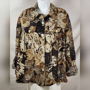 RUBY RD. Brown and Tan Floral Print Button Up Shirt Jacket - Size 16W or 1X
